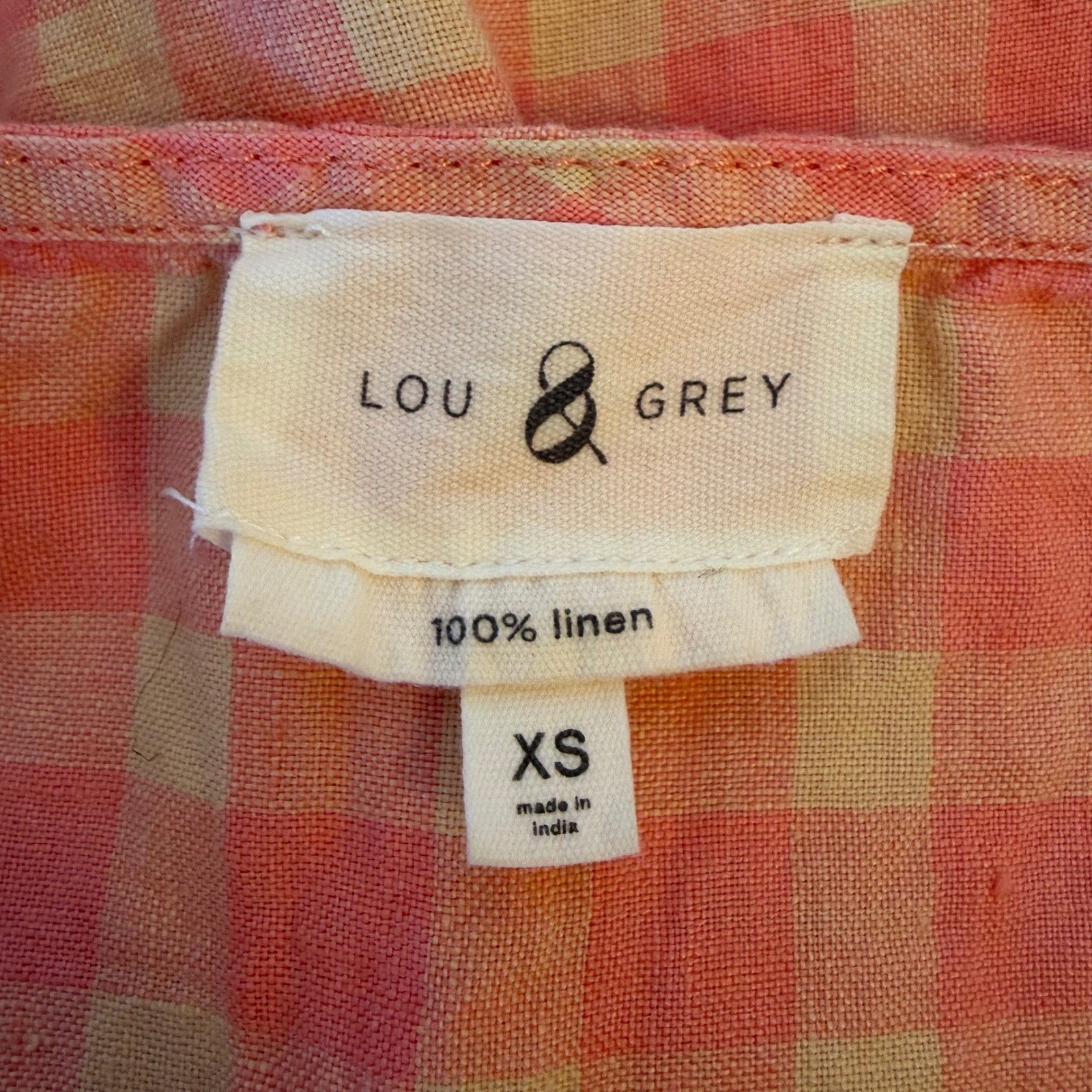 Lou & Grey Pink Beige Gingham 100% Linen Crop Top XS Roll Sleeve Coastal Cottage