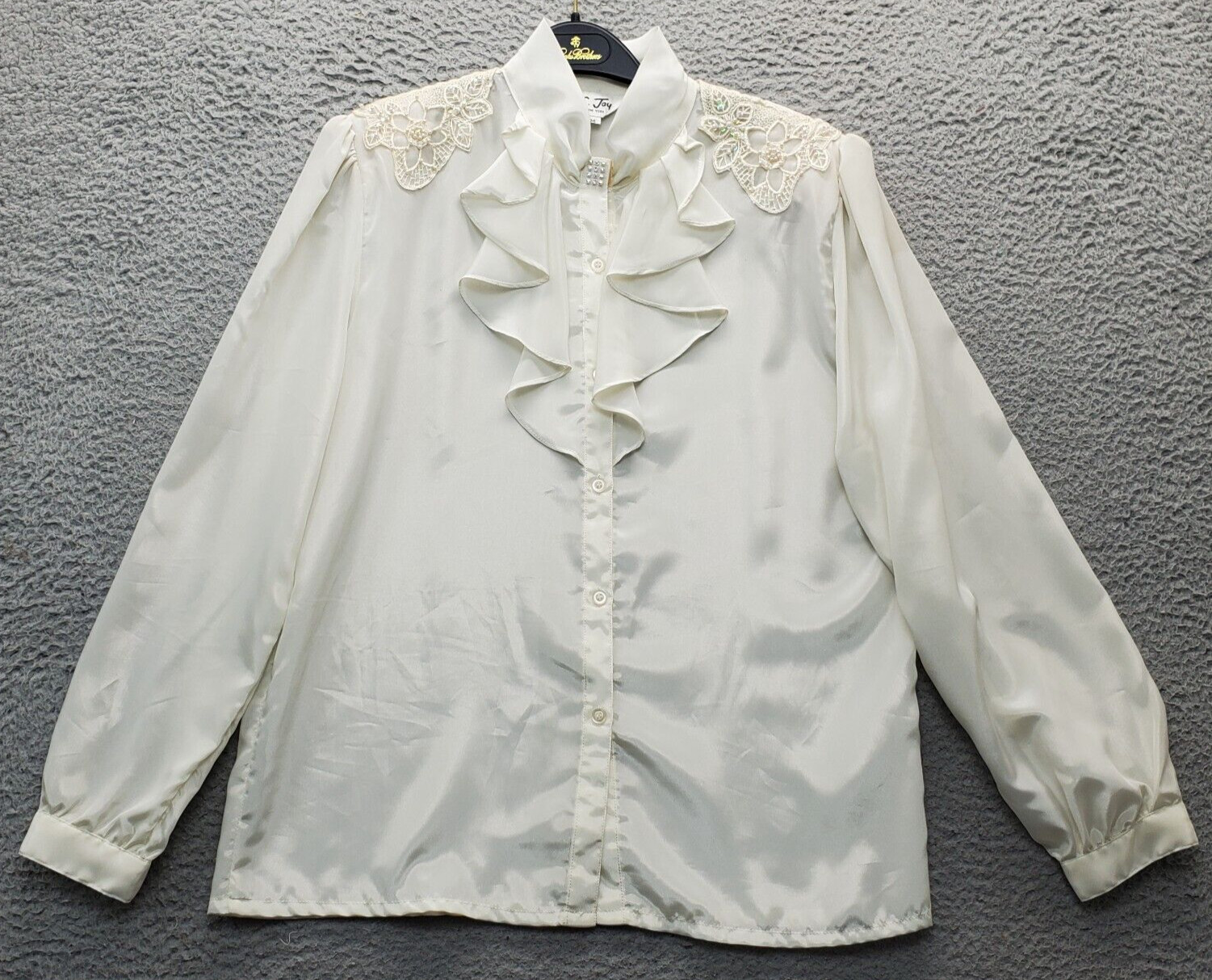 Vintage C. Jay Shirt Top Women’s M Tan Ruffled Beaded Shoulder Pads Ban Collar