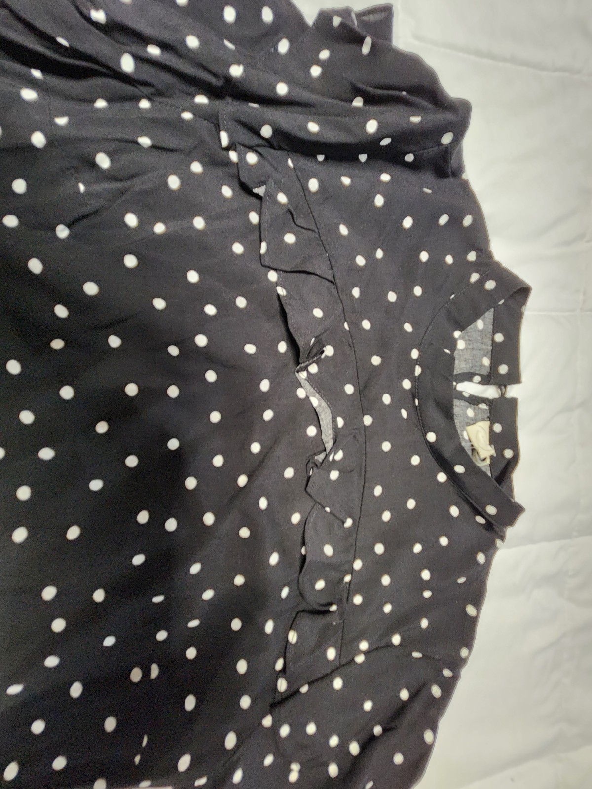 Paper Crane Black/White Polka Dot Mock Neck Ruffle Flutter Sleeve Blouse L