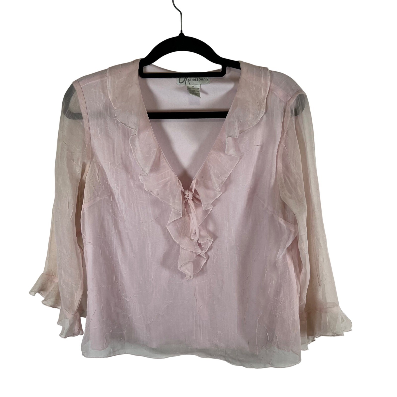 Dressbarn Womens Pink Ruffle V-Neck Crinkle Sheer Overlay Blouse Top M Fairycore