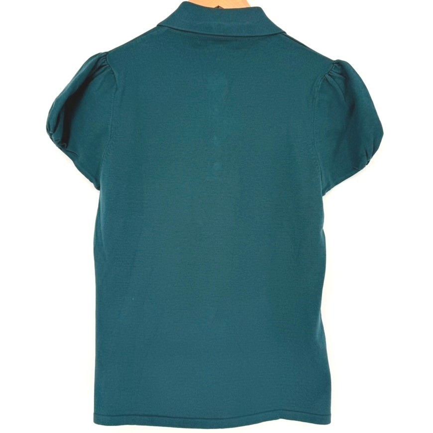 August Silk Womens Teal Blue Silk Blend Puff Sleeve Polo L Twee Dark Academia