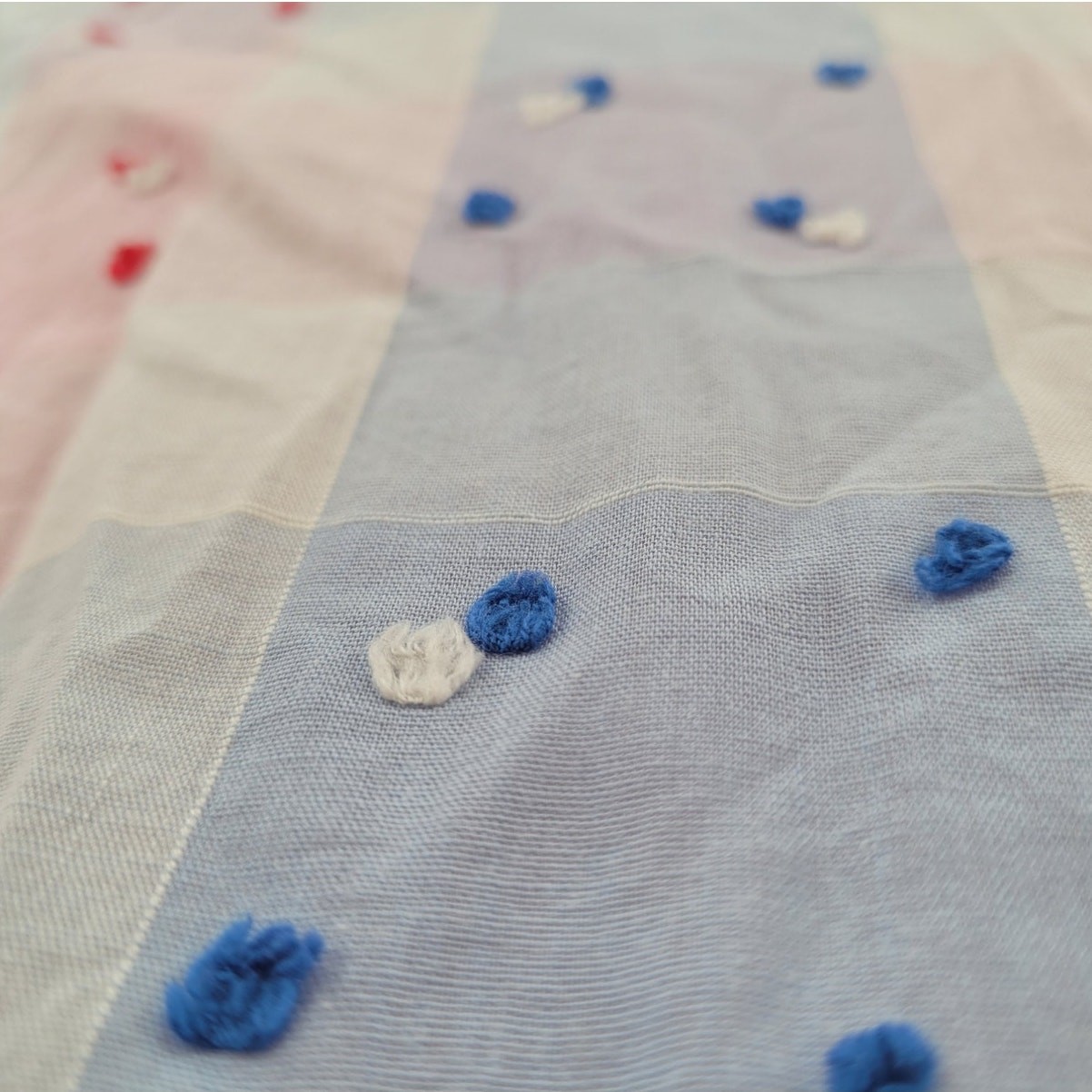Vintage 50s Gingham Blouse Pink Blue Cotton Pom Pom Button Front Womens