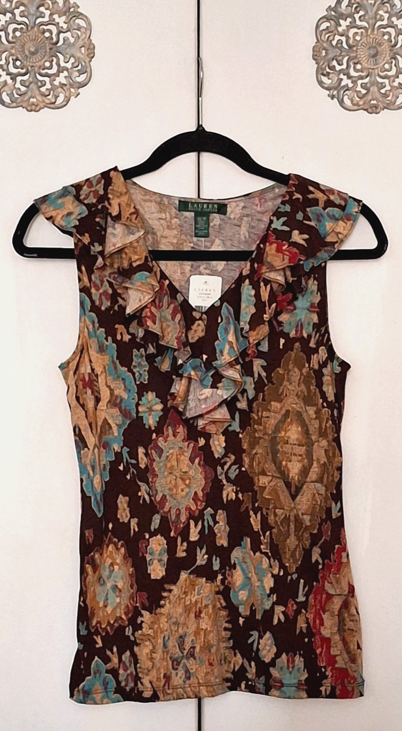 Lauren Ralph Lauren Brown Multi-color Ikat-print Sleeveless Top – XS – NWT