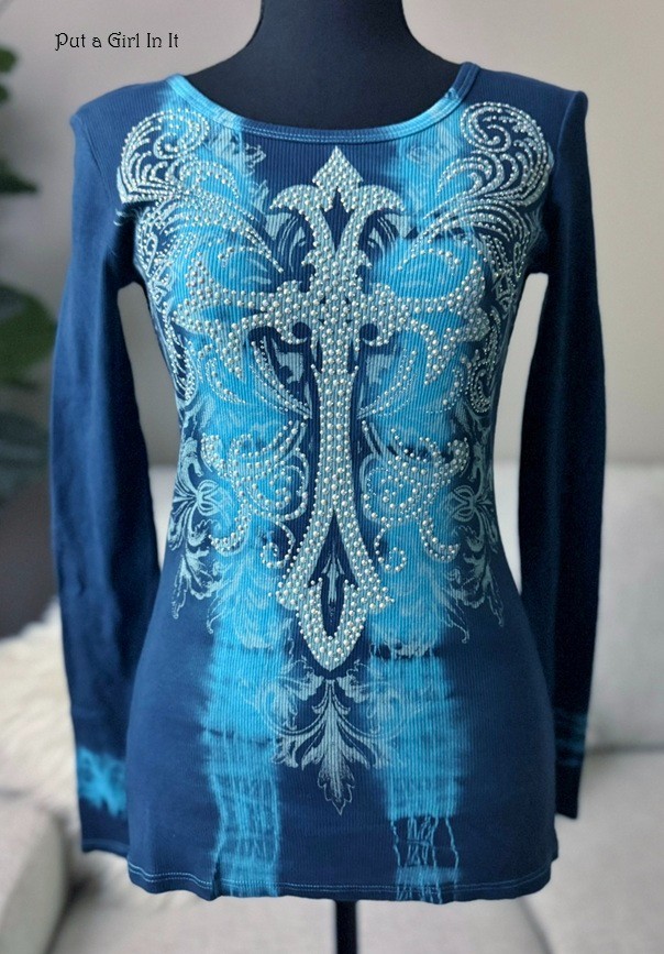 New VOCAL APPAREL Womens CRYSTAL BLUE TIE DYE CROSS FLORAL SHIRT S Small Y2K