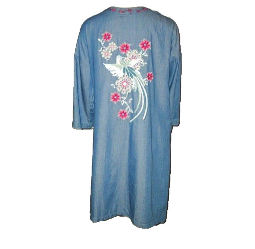 Embroidered Kimono Cardigan L Denim Robe Bird Artsy Boho Festival Y2K Vtg Artsy