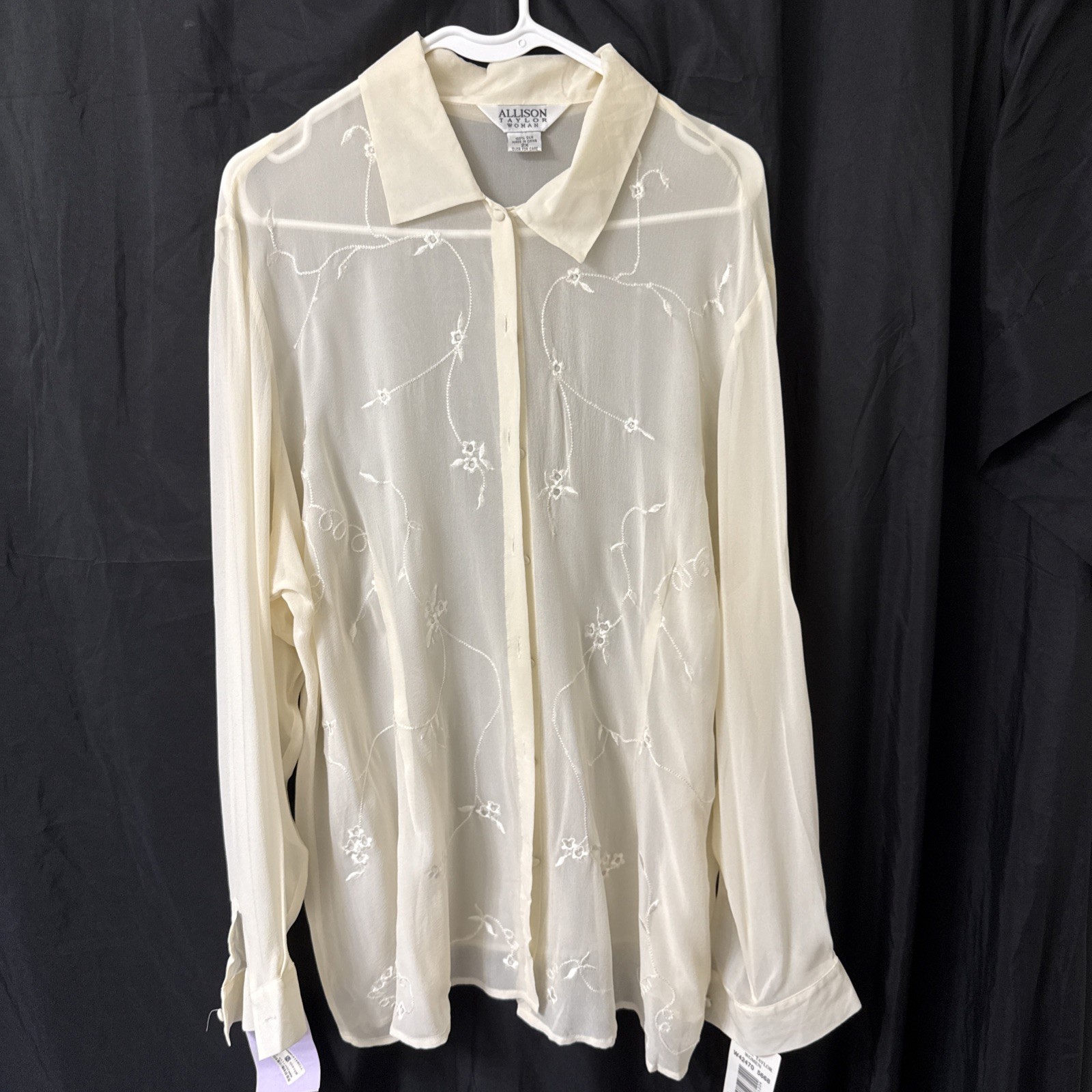 NWT Allison Taylor 2X Ivory Silk Blouse Embroidered Sheer Long Sleeve -Nordstrom