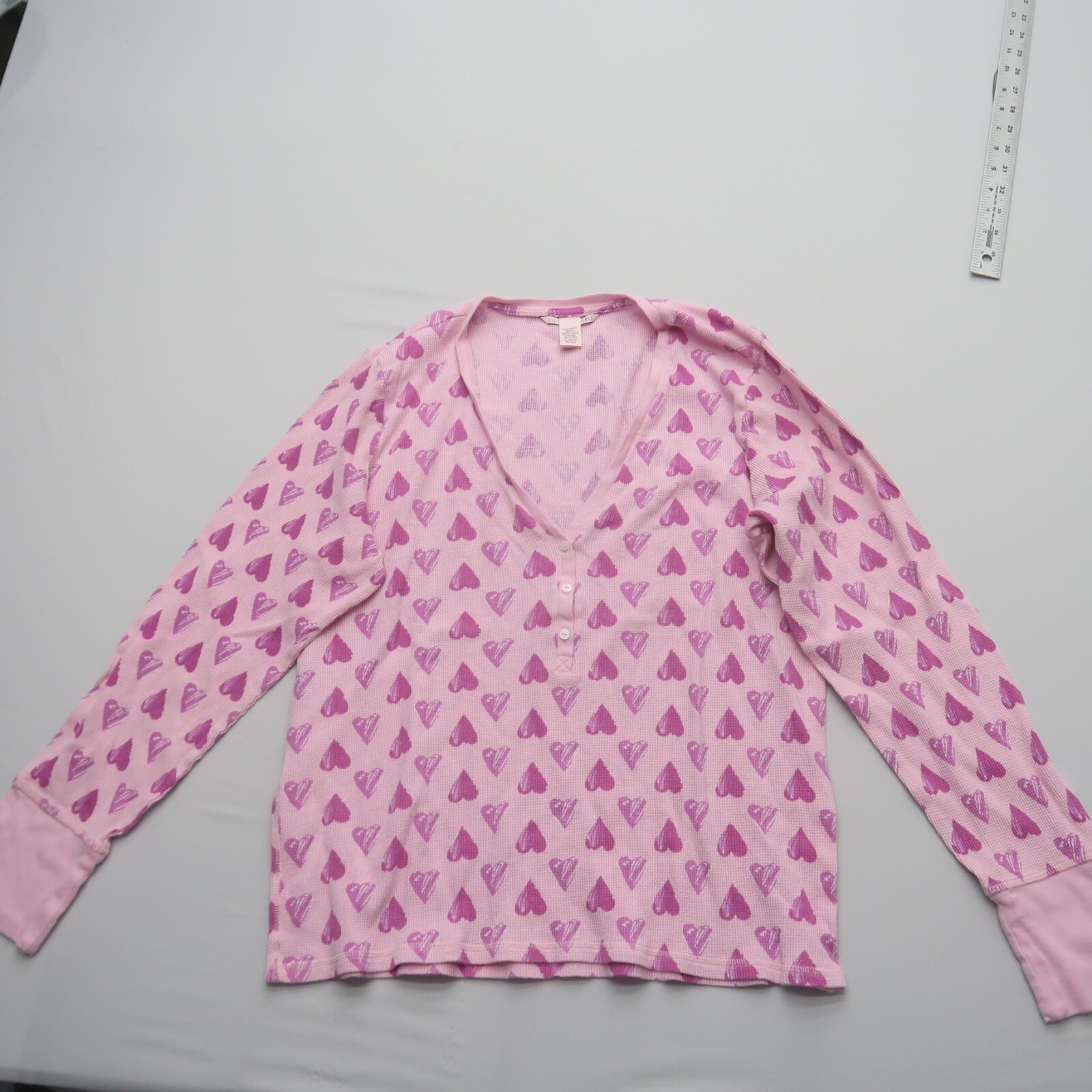 Victorias Secret Womens Pajama Top XL Pink Heart Waffle V Neck PJ Shirt