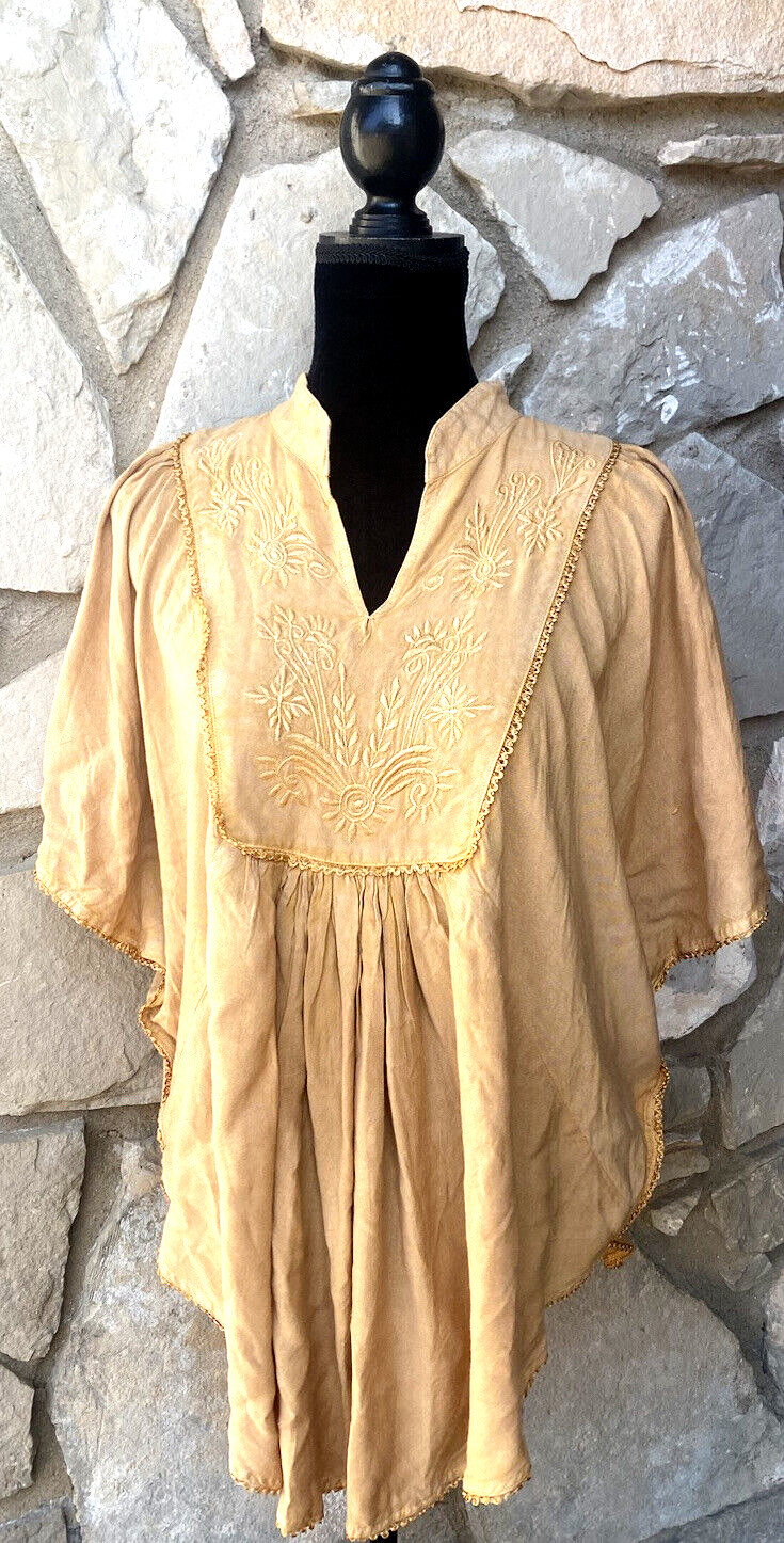 JUST CRUISING Tunic Top One Size S M L XL Mustard Yellow Embroidered Bat Wing