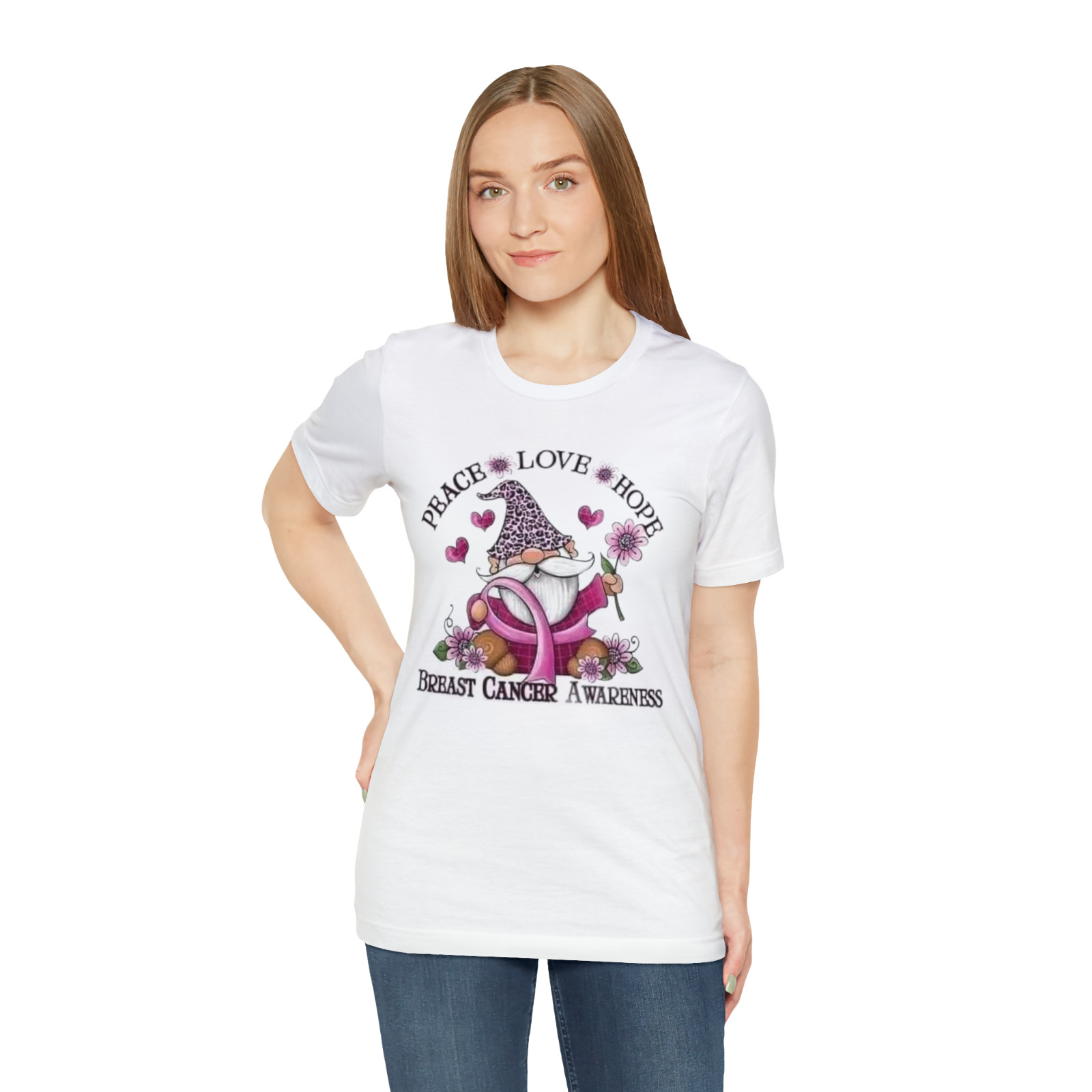 Women’s Breast Cancer Awareness Gnome Love Pink Ribbon Shirt White Medium