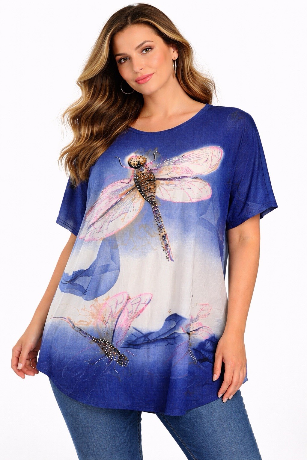 Portman Fashion XL Embellished Dragonfly Top Rhinestone Graphic Boho Chic