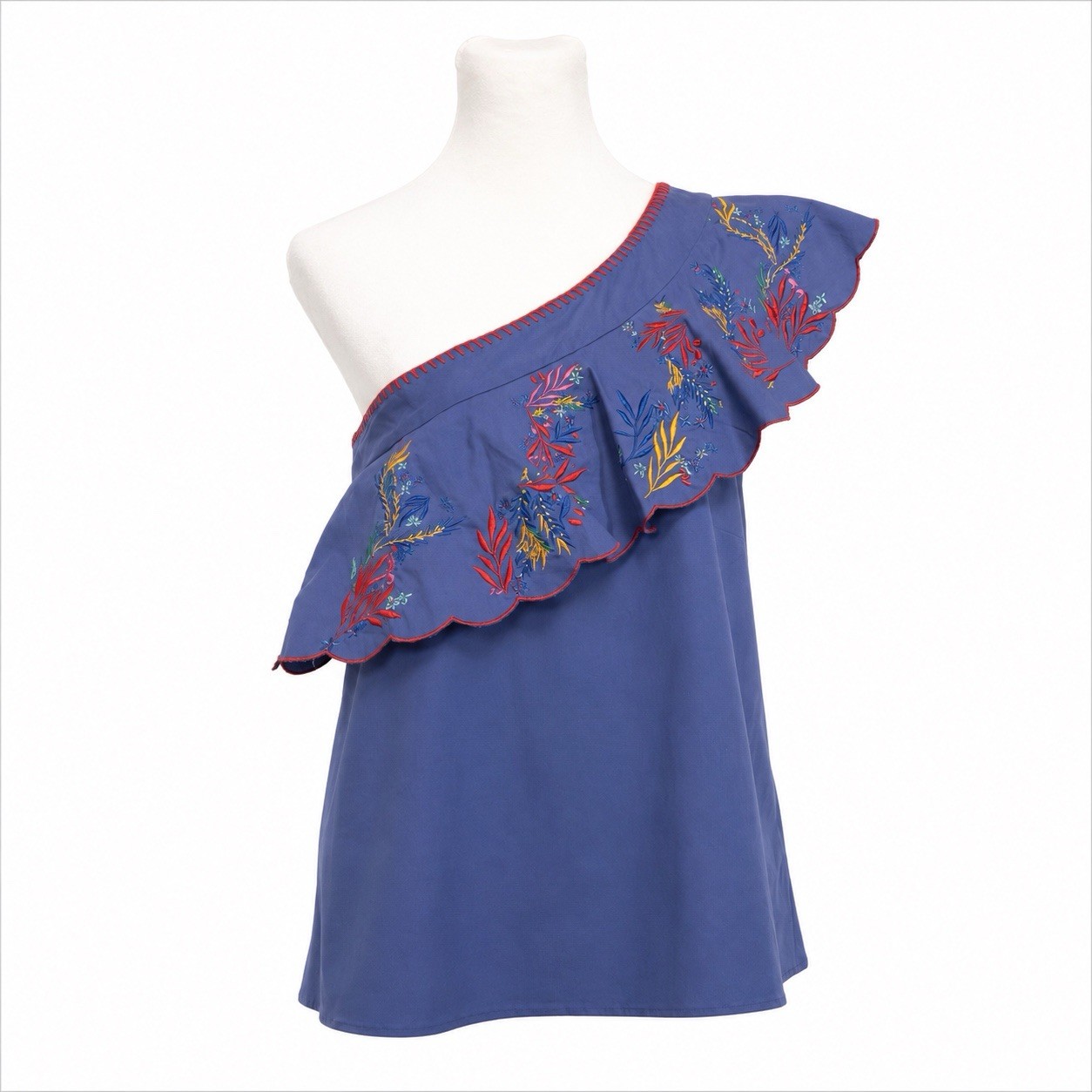 Saloni Esme One Shoulder Resort Boho Cotton Blouse Embroidered Trim Women 12