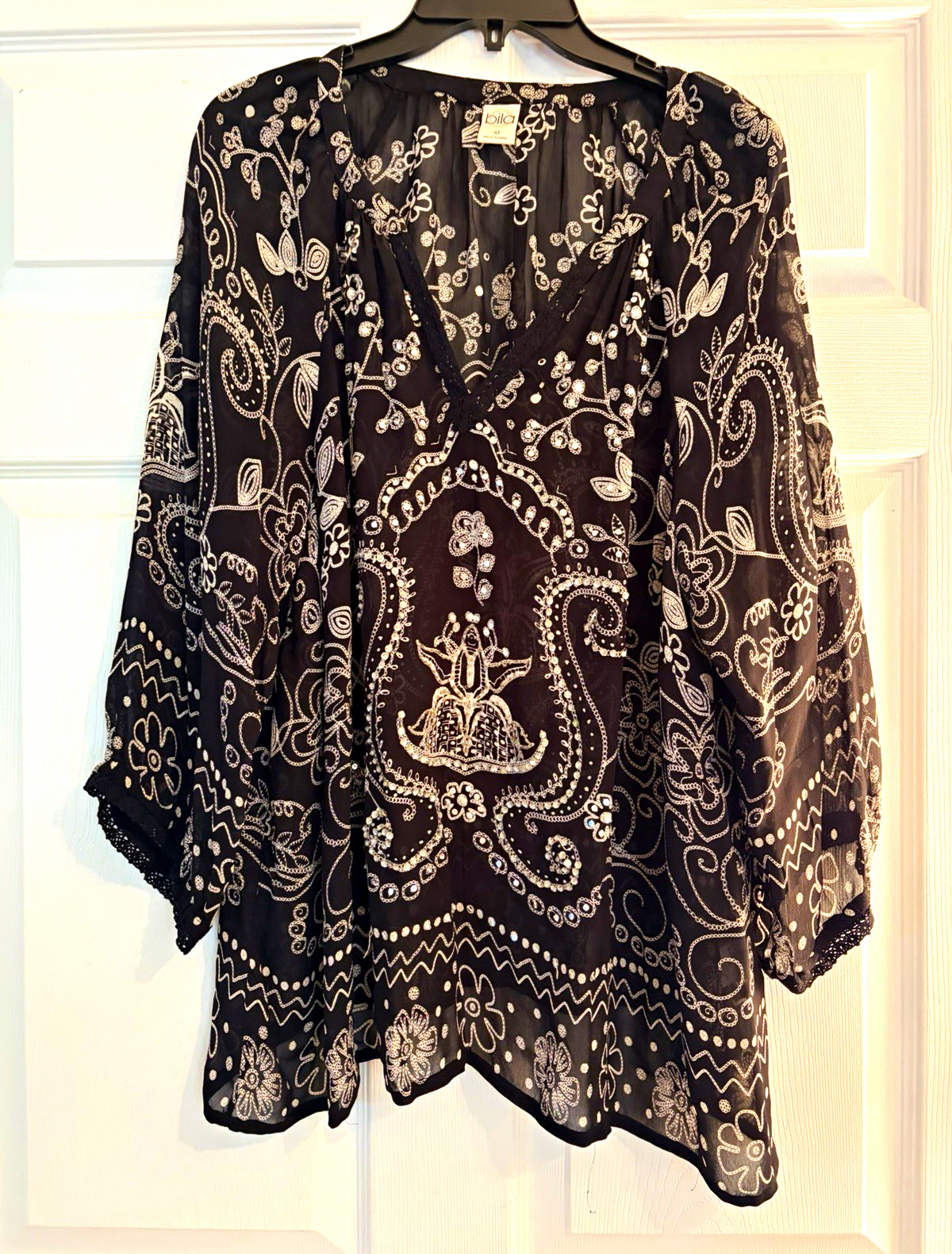 Vintage Bila XL Black Embroidered Sequin Beaded Boho Tunic Blouse Y2K
