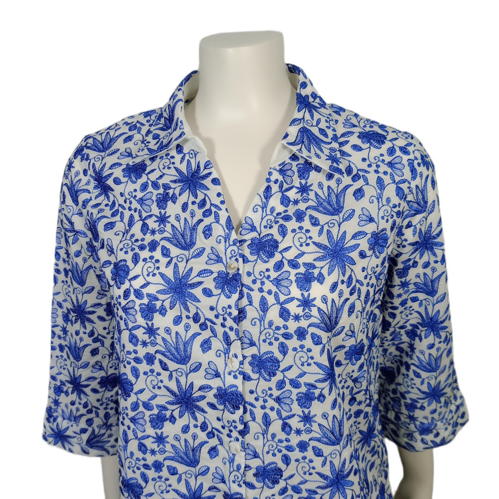 Khaadi Shirt Womens S Small Blue White Embroidered Floral Kurta Tunic Blouse New