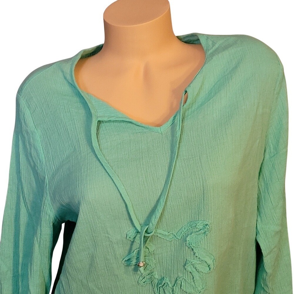 Sun Bay Womens Turquoise Cotton Tunic With Palm Tree Embroidery & Drawstring Nec