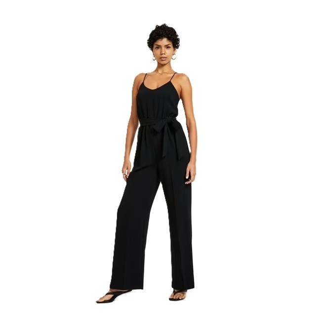 Bar III Women M Black V Neck Textured Crepe Sleeveless Jumpsuit NWT AP66