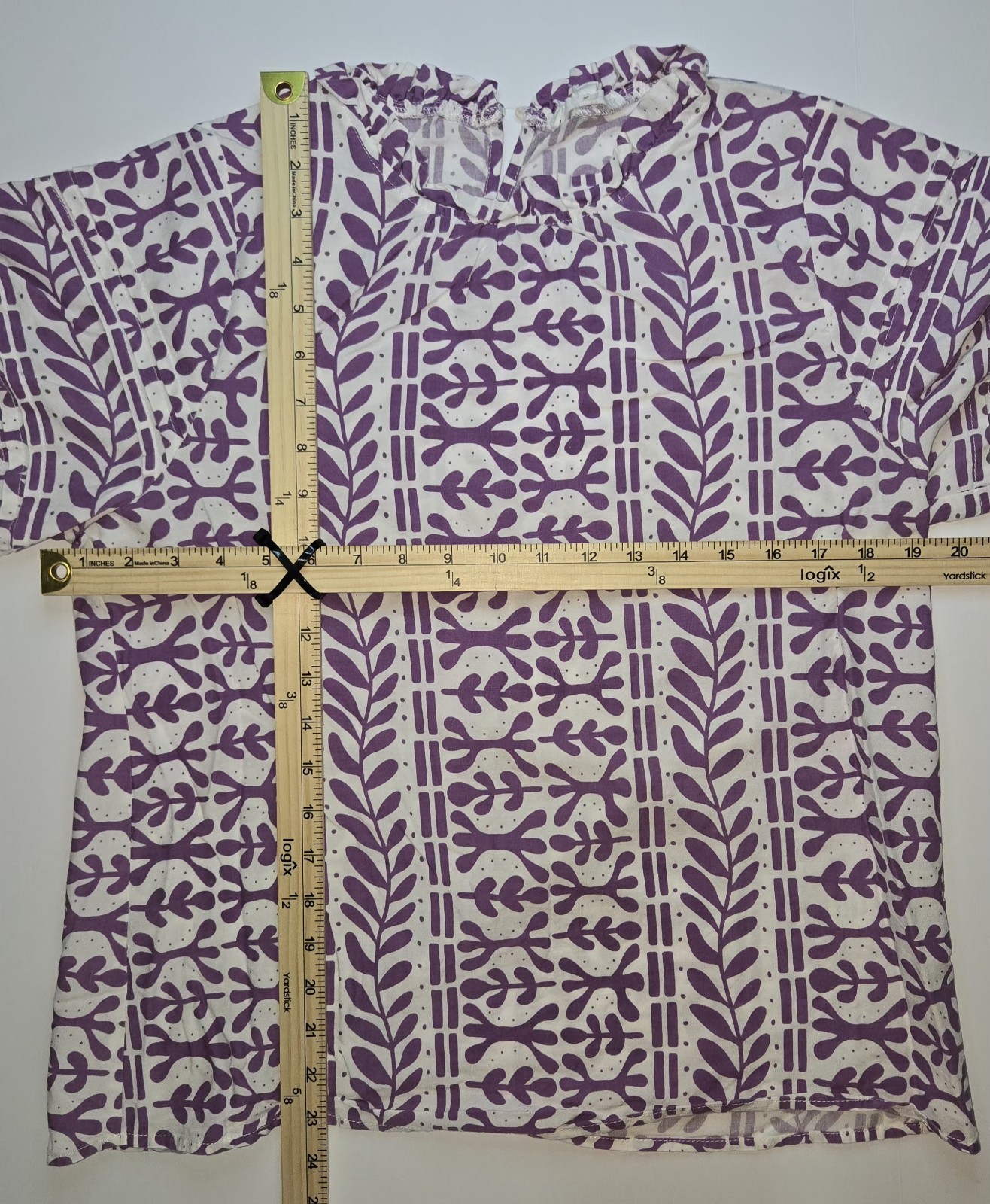 Purple and White Bluse with Botanical Print – L-Size | Rayon and Cotton