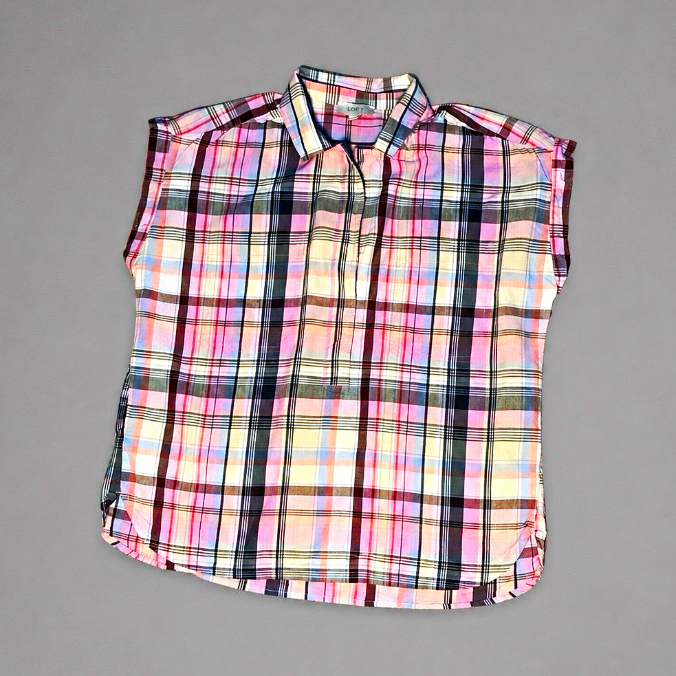 LOFT Pink/Blue/Yellow Plaid Collared Sleeveless Button-Up Top Womens M