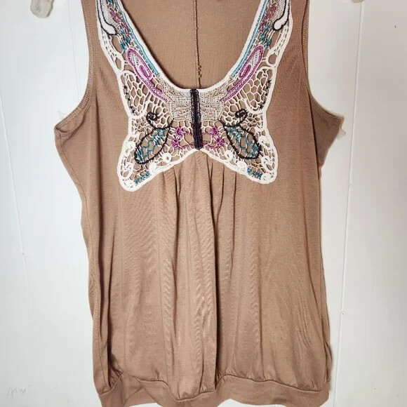 Y2k Route 66 Tan Embroidered Butterfly Wide Strap Tank Top 90s