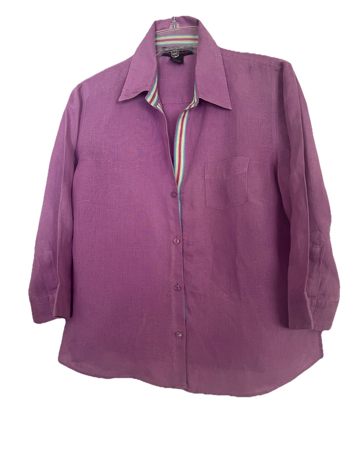 Lily Stanhope Button Front Linen Blouse Shirt Top Orchid Contrasting Trim Large