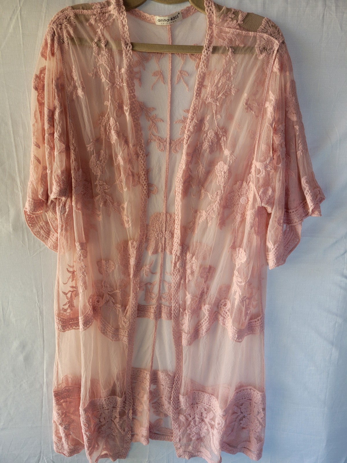 Anna-Kaci Pink Floral Embroidered Lace Kimono Cardigan Open Front Mesh Boho OS