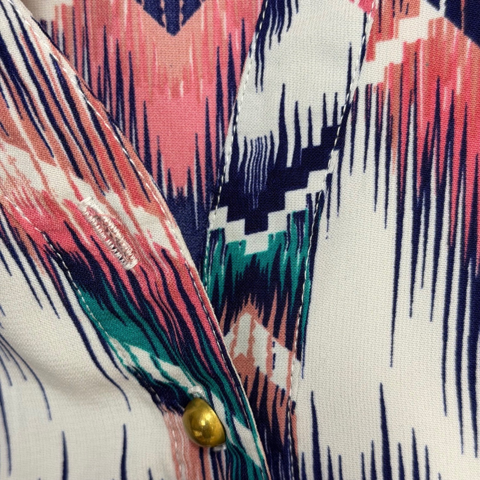Rue21 Womens Ikat Chevron Print Tunic Blouse Pink Teal 3/4 Roll Tab Sleeve L