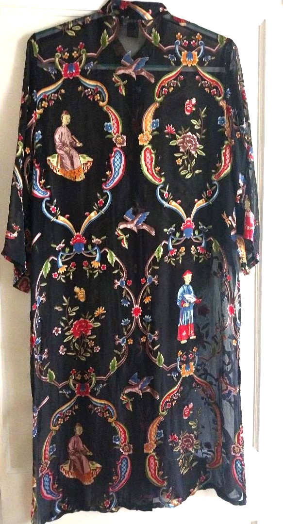 Vintage Citron Santa Monica Silk Black Multicolor Asian Motif Kimono Duster M