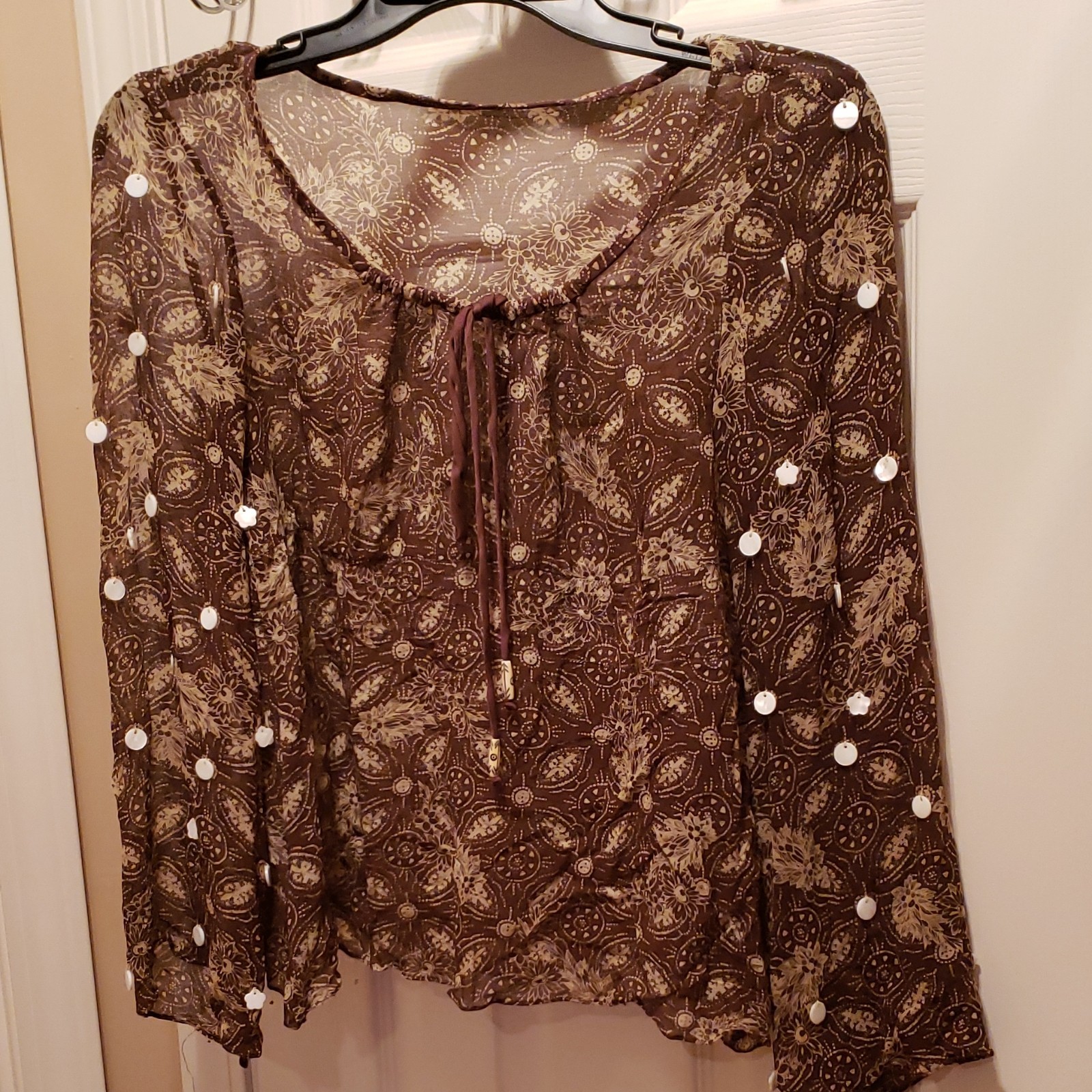 Sheer Brown Paisley Boho Tunic Blouse with Matte Sequins, Flared Sleeves