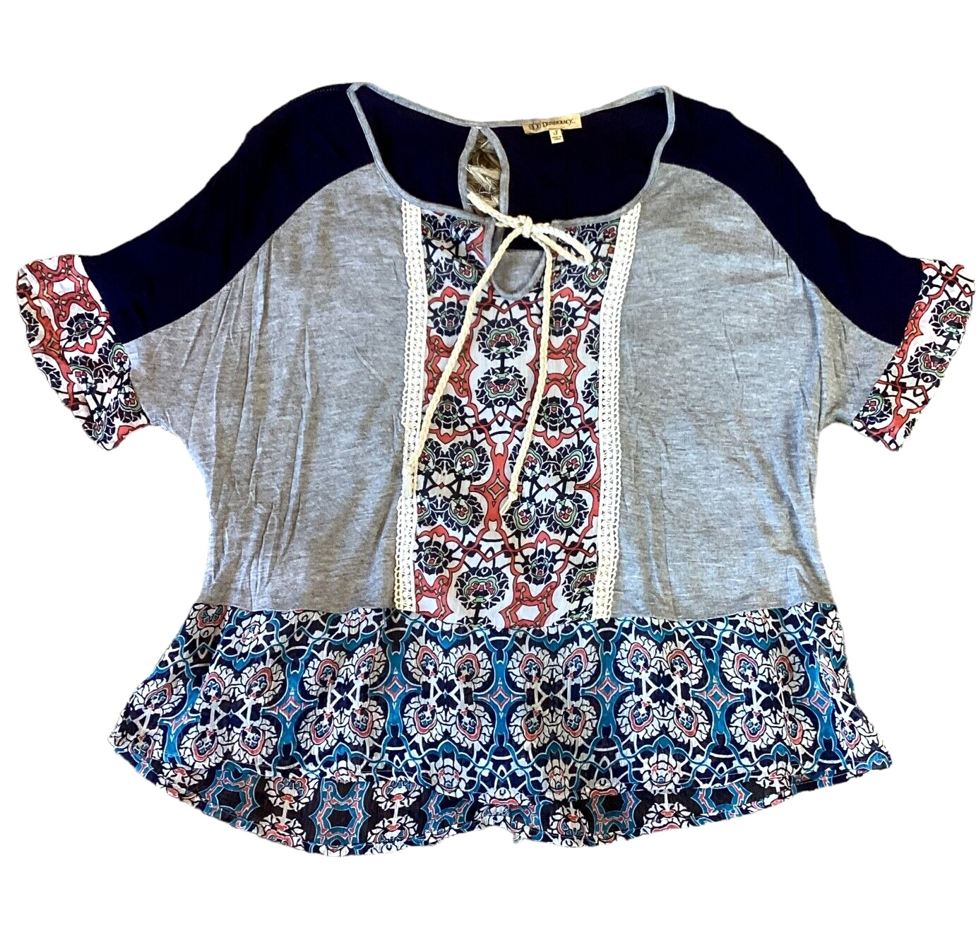 Democracy BOHO Relaxed Mixed Media Short Sleeve Crop Top Sz S #186L