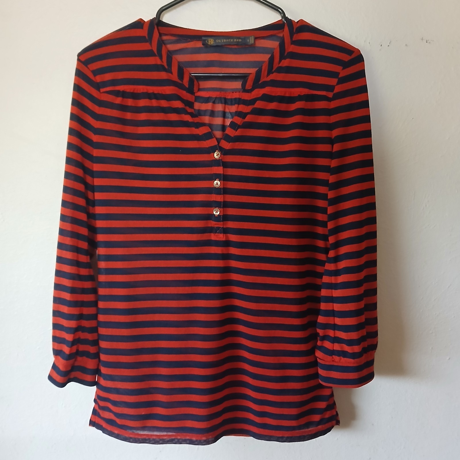 Outback Red – Red and Navy Blue Striped 3/4 Sleeve Henley Shirt – Women’s Small