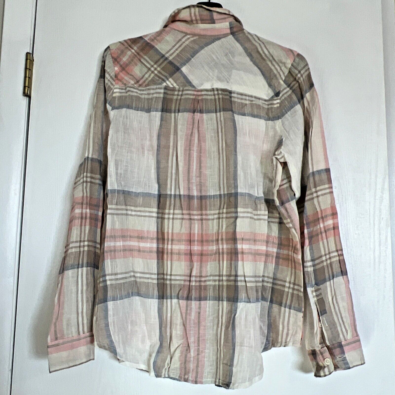 Lucky Brand Beige Pink Gray Plaid Gauze Button Long sleeve Shirt Womens sz L NWT