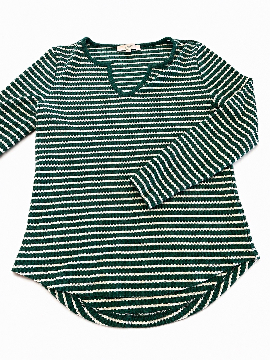 LOFT Green & White Striped Knit V-Neck Pullover Long Sleeve Stretch Top M