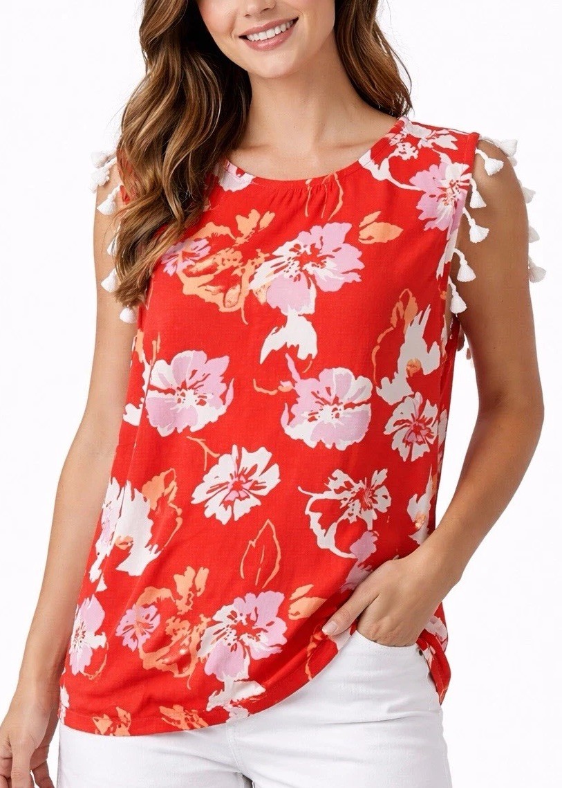 Marc New York Womens L Red Floral Cotton Tassel Sleeveless Blouse Top