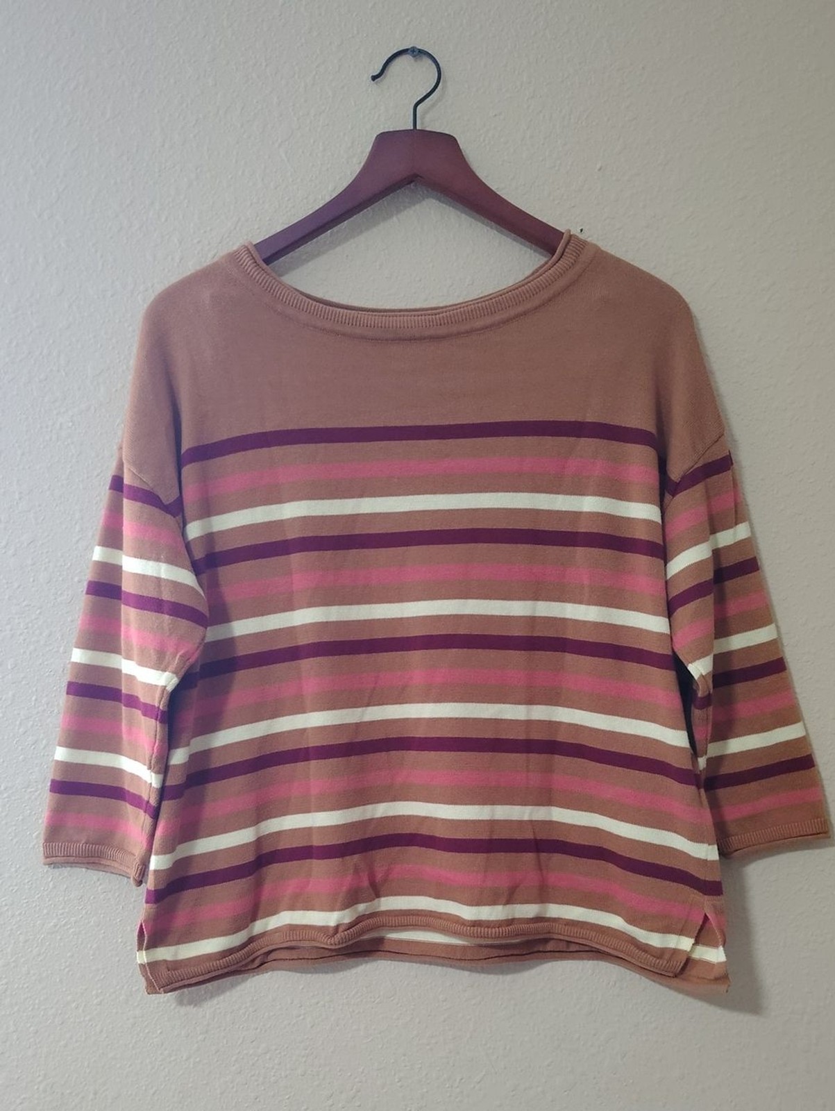 Pact 100% Organic Cotton Knit Stripe 3/4 Sleeves Relaxed Top Size L Sustainable