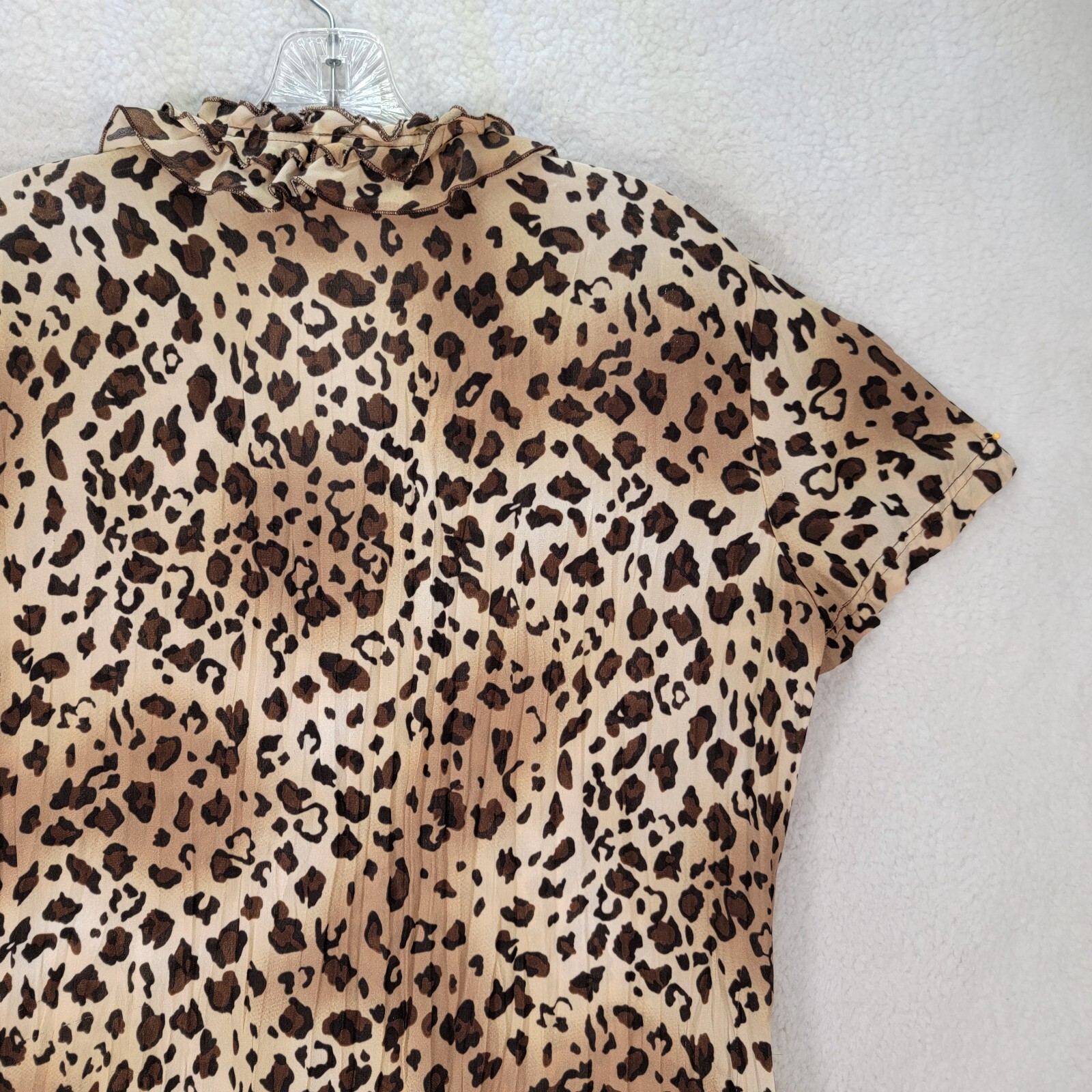 Vtg 90s Allison Taylor Womens Top Size L Brown Leopard Ruffled Unique Blouse