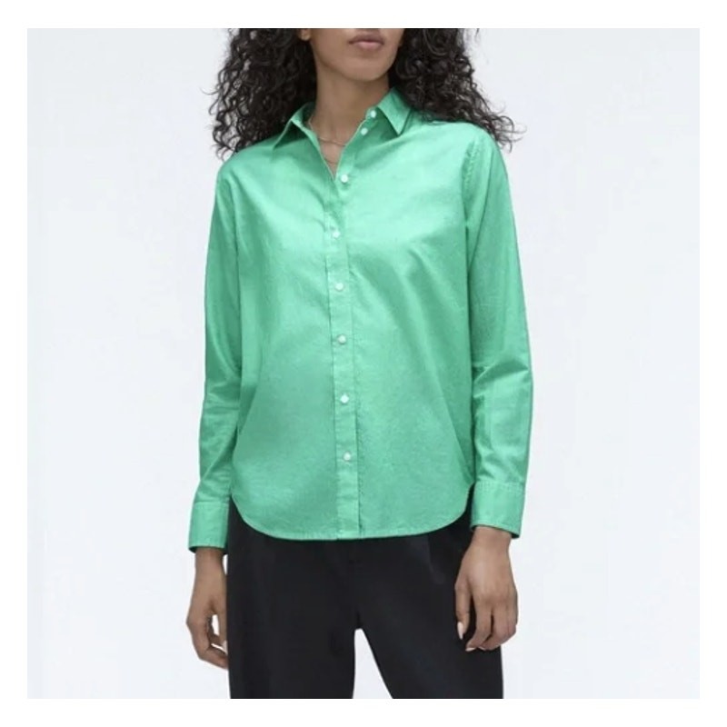 Everlane Shirt Size 4 Button-Down Collared Long Sleeve 100% Cotton Green Stripe