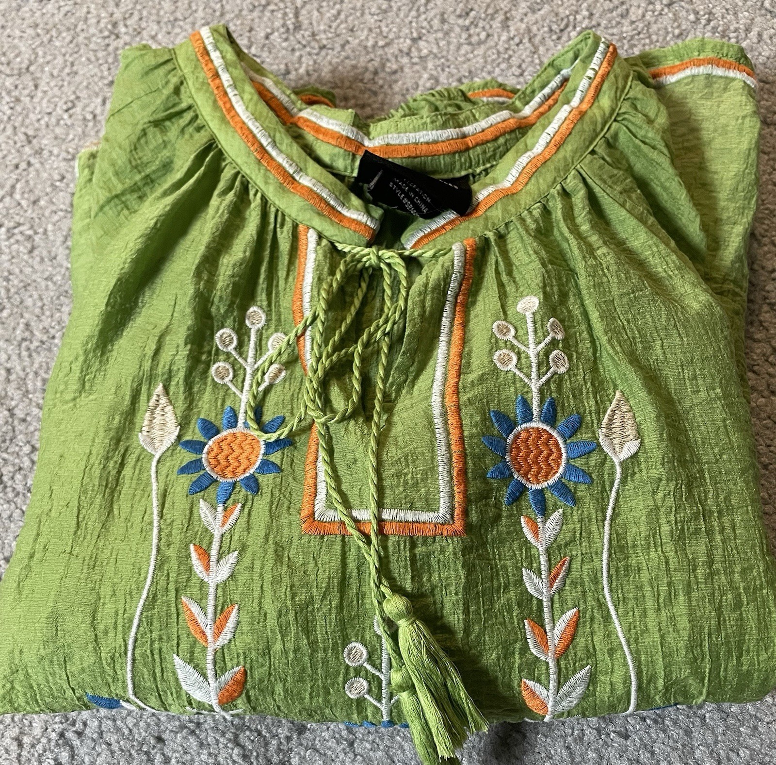 Liv Los Angeles Embroidered Floral Blouse Sz L Puff Sleeve Crinkly Boho Peasant