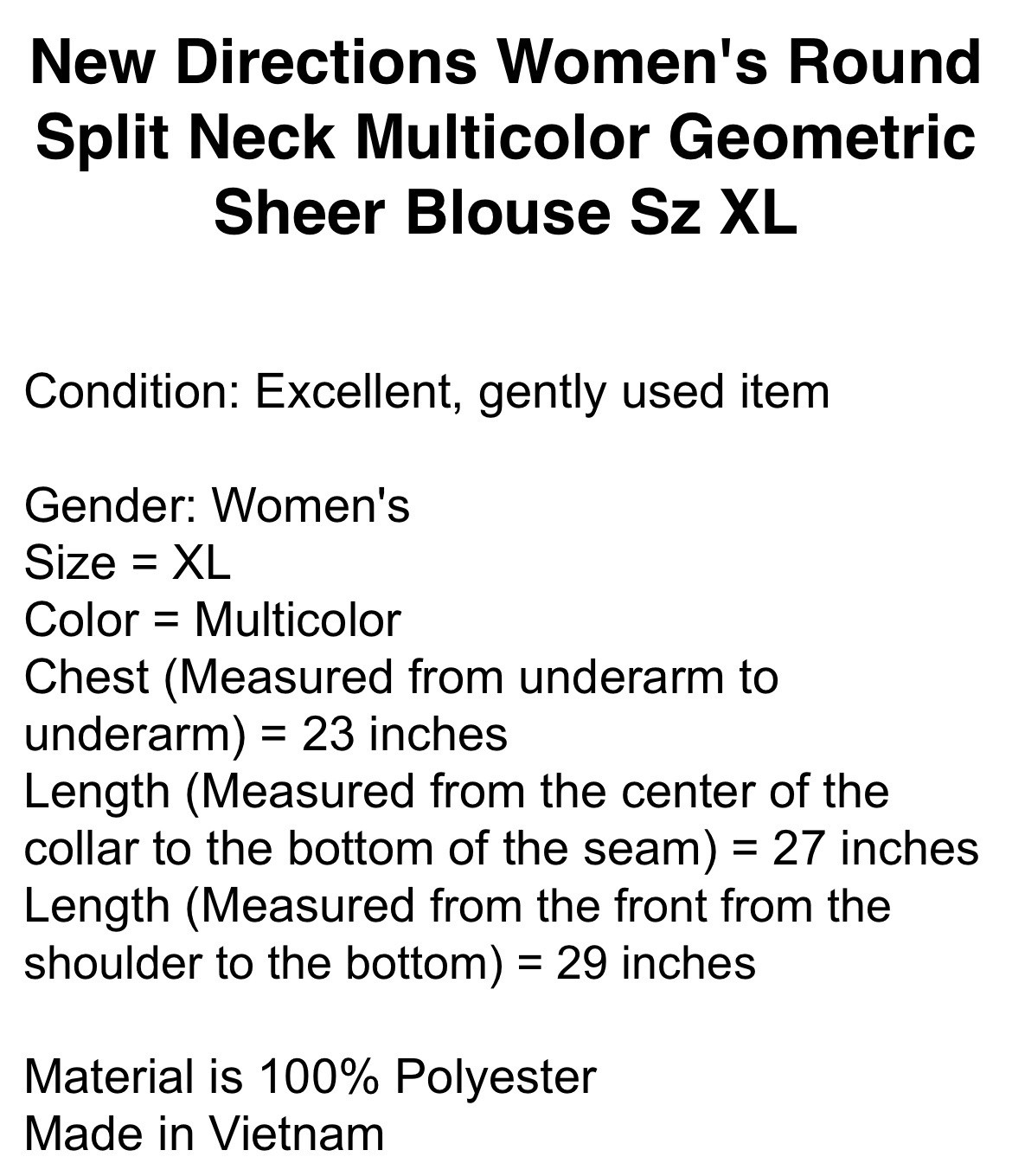 New Directions Women’s Round Split Neck Multicolor Geometric Sheer Blouse Sz XL