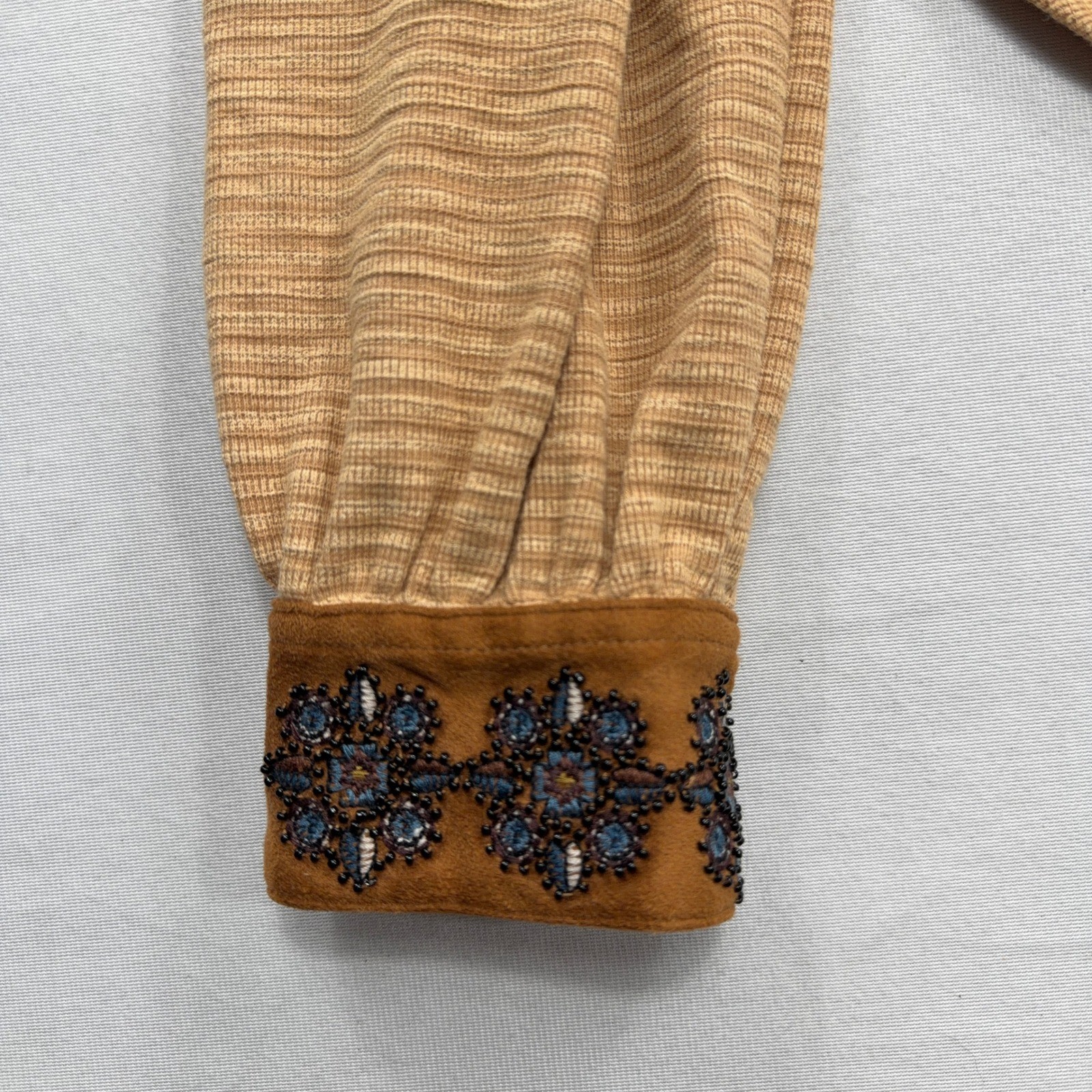 Double D Ranch Top Embroidered Beaded Cuff Stripe Dust Tan Women Size M NWT