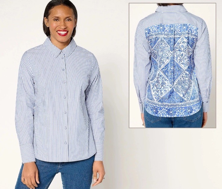 BEAUTIFUL by Lawrence Zarian Button Front Shirt w/Printed Back A684462 BLUE 1XL