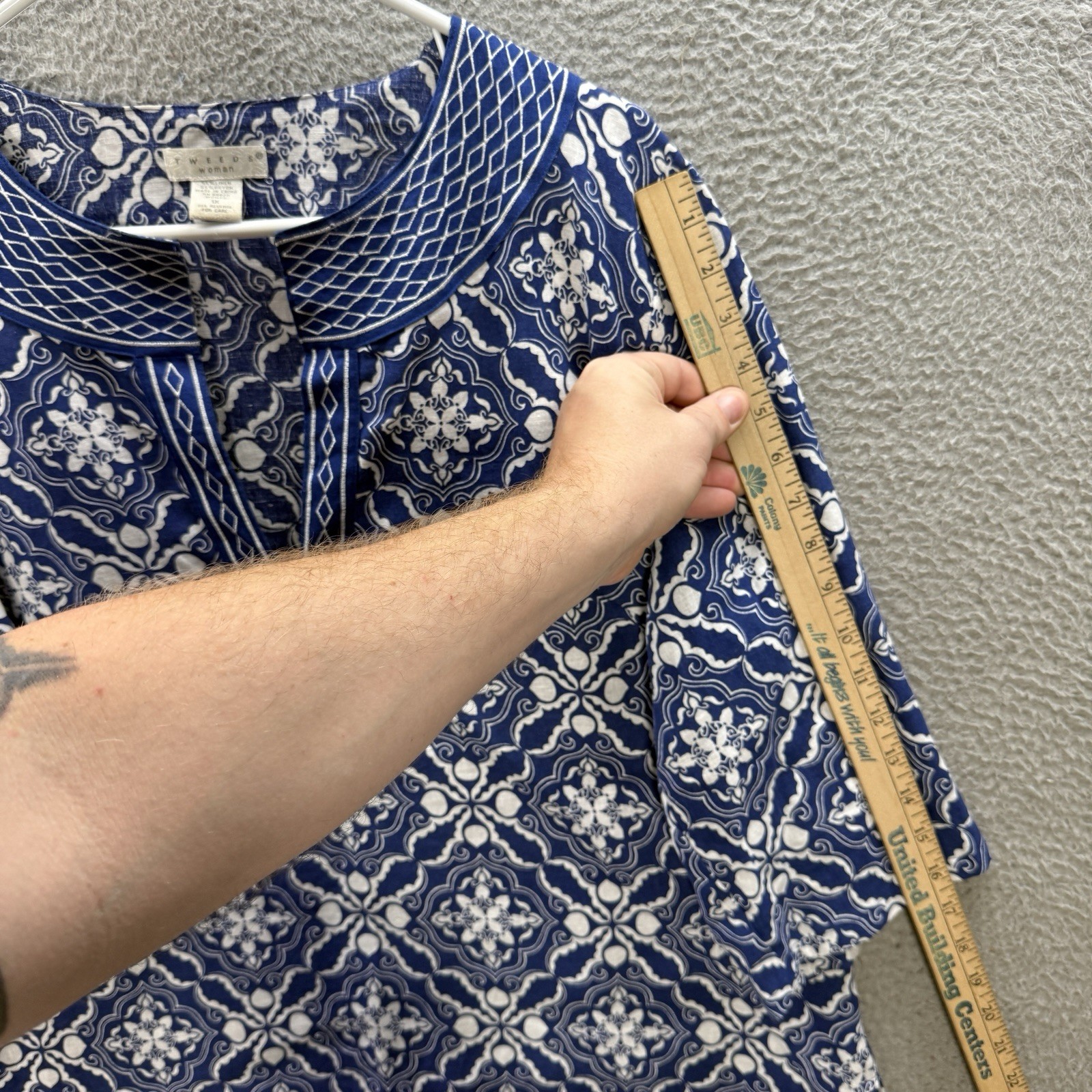 Tweeds Shirt Womens 1X Blue White Geometric Embroidered Linen Blend Coastal