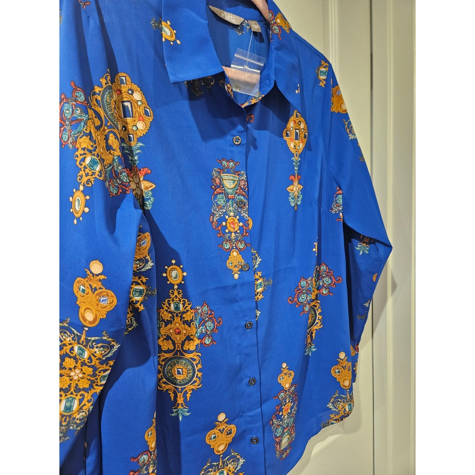 Motto Australia Baroque Print Blouse Blue Button Down AU 14 US 10 NWOT