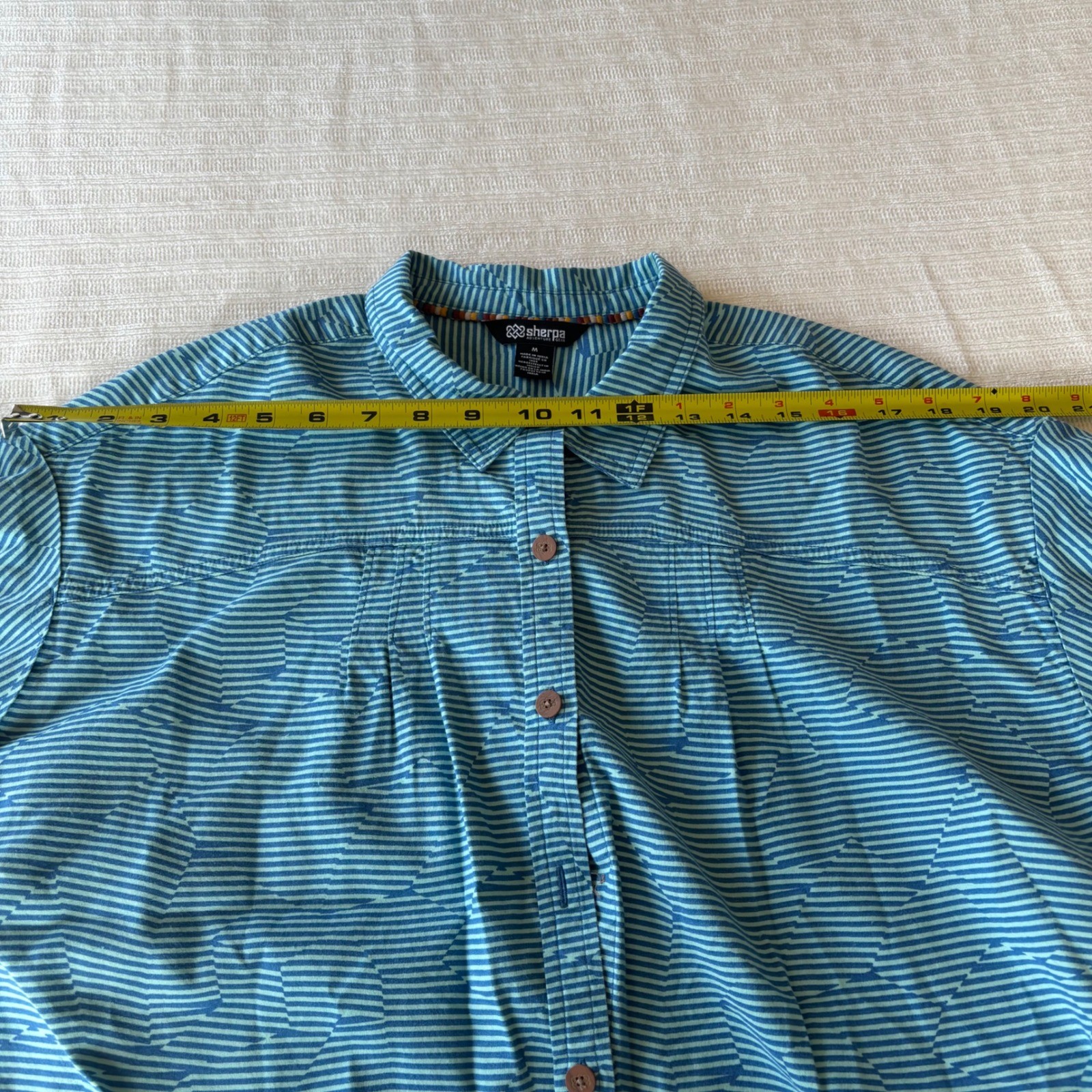 Sherpa Adventure Gear Blue Striped Organic Cotton Hemp Button Down Shirt M