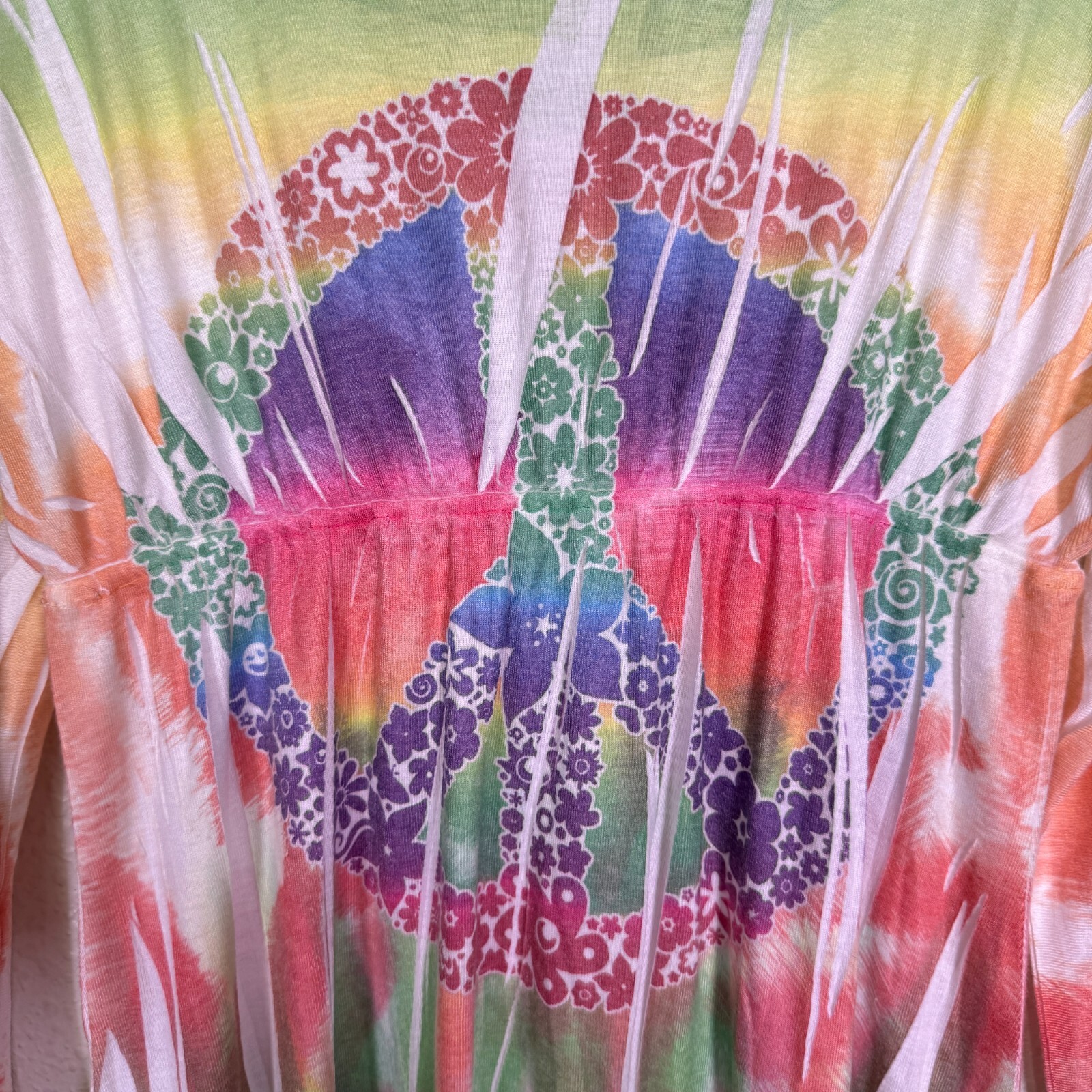 Y2K Tunic Top Women Medium Peace Sign Rhinestone Burnout Hippie Festival Vintage