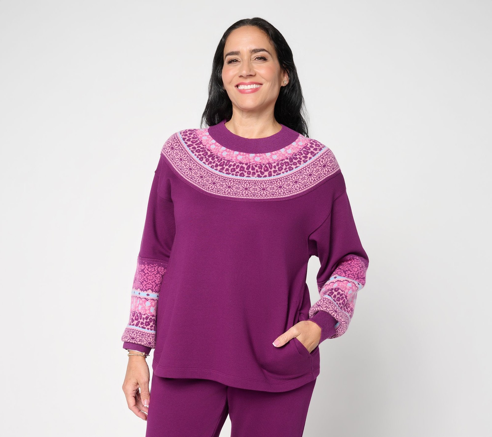 LOGO by Lori Goldstein Mixed Media Sweatshirt Dark Plum M New