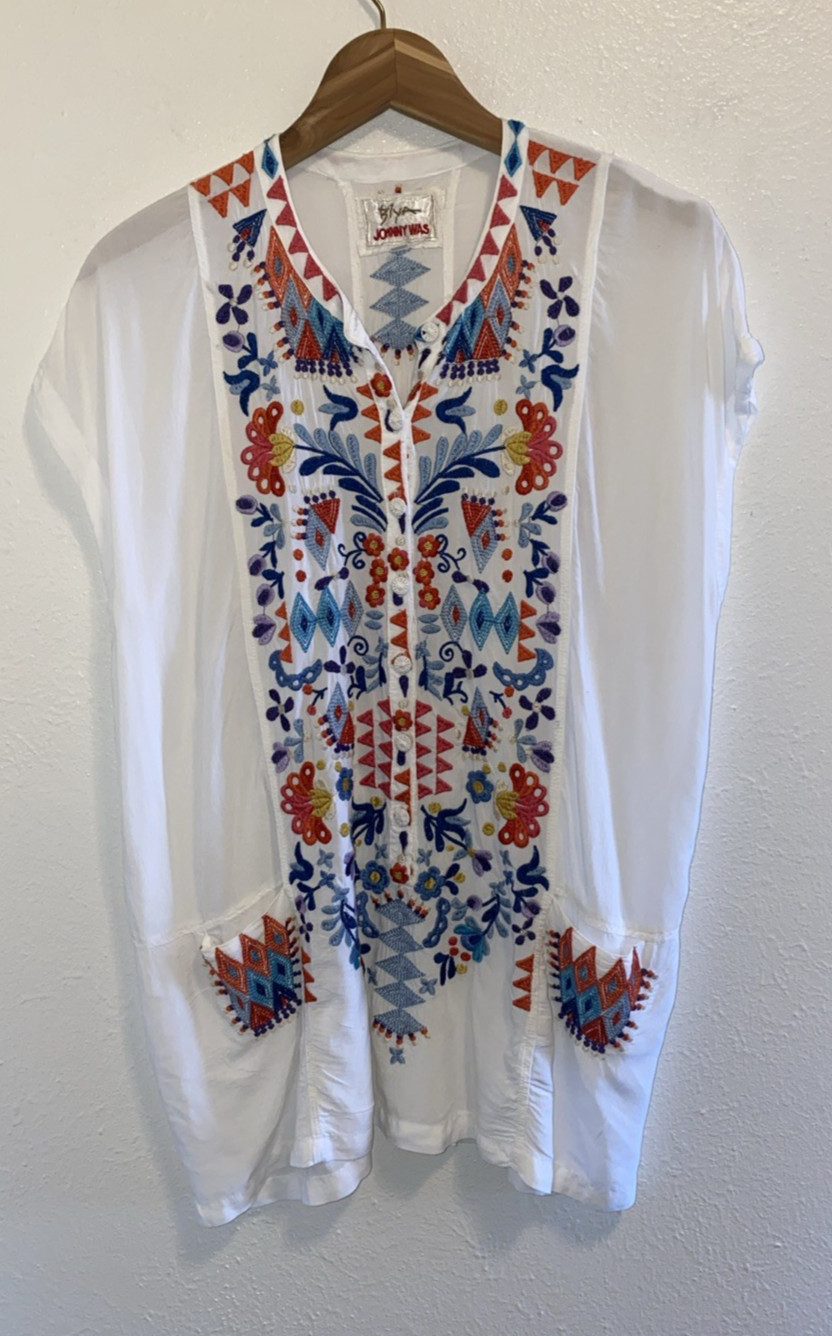 Johnny Was Biya Embroidered Tunic Top Bohemian Cotton With Pockets Size XS