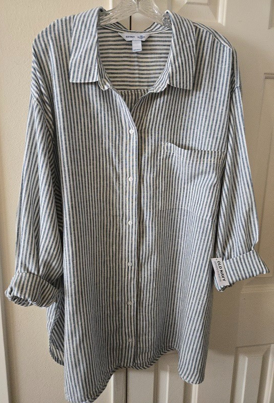 Dark Navy Blue Stripe Linen Blend Oversized Buttondown Shirt 4XL 5X 28 30 32 4X