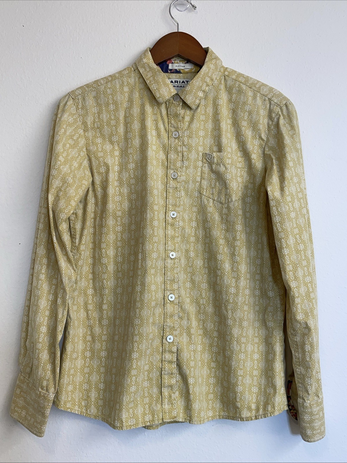 Ariat Real Fitted Shirt Womens M Yellow Floral Flip Cuff sleeves Button Western
