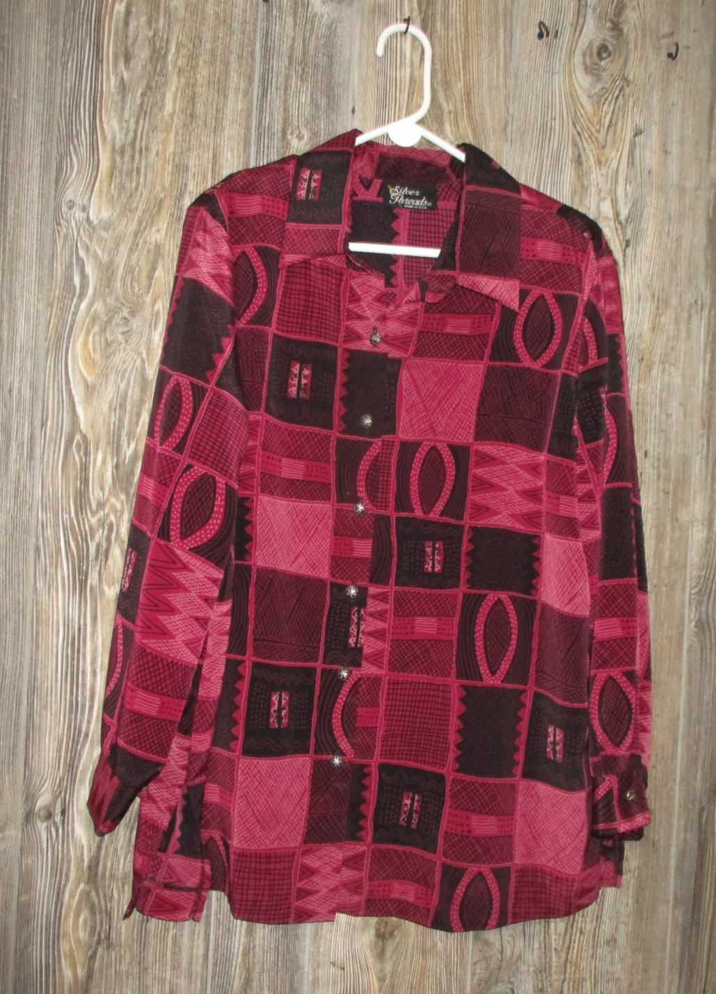 Silver Threads Button Down Long Sleeve Shirt Wine Black Print Artsy Fall Size XL