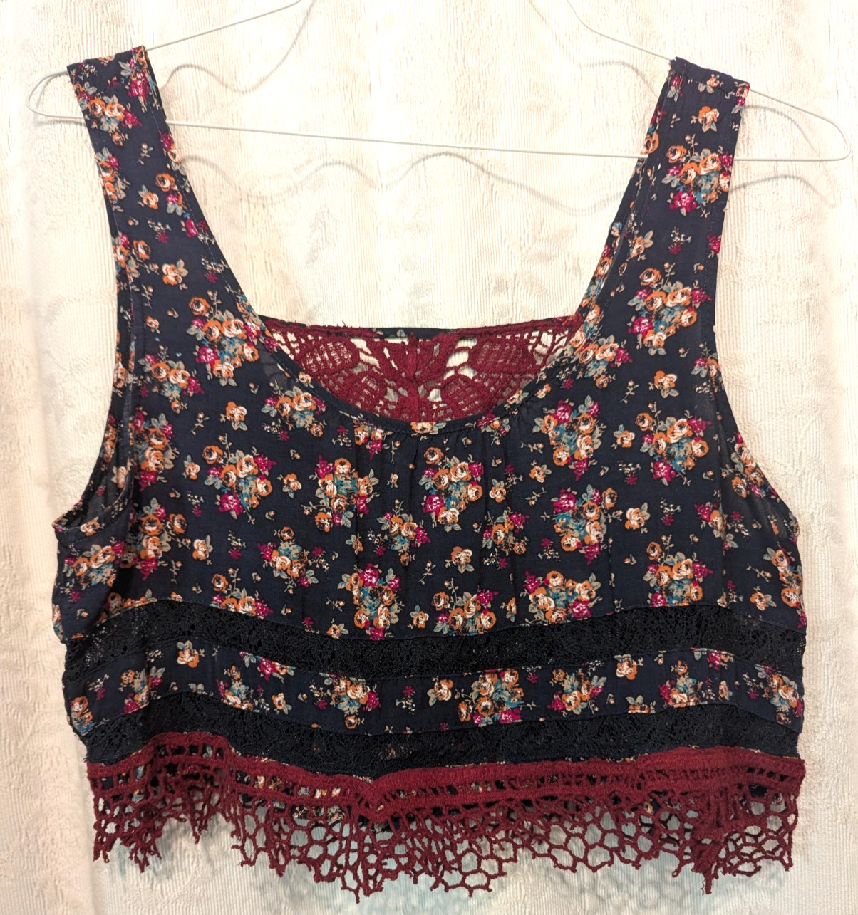 Upcycled Floral Lace Cropped Tank Top Size L Wear under Overalls Hippie Boho FUN