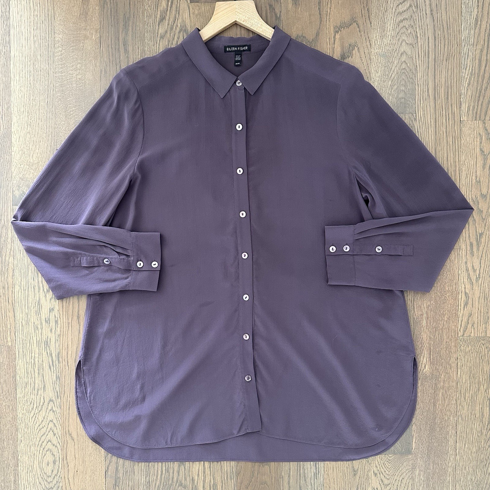 Eileen Fisher Silk Georgette Crepe Collared Long Sleeve Blouse in Purple Medium